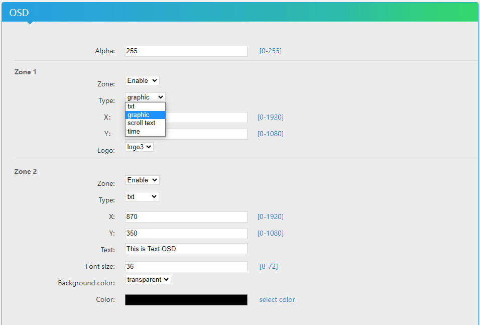 Oupree Video Encoder OSD - Text Graphic Scroll Text Time as TS stream logo